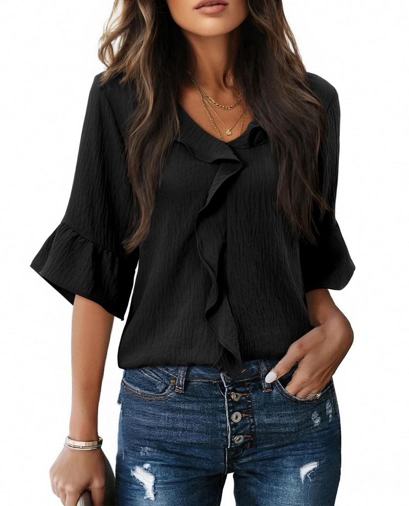 2026 Fashion Style 3/4 Sleeve Ruffle Lantern Collar Casual Top