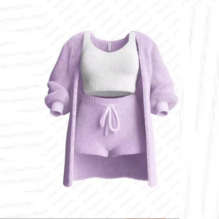 2026 Autumn/Winter Knit Plush Long-Sleeve Jacket, Vest, Shorts, and Three-Piece Set