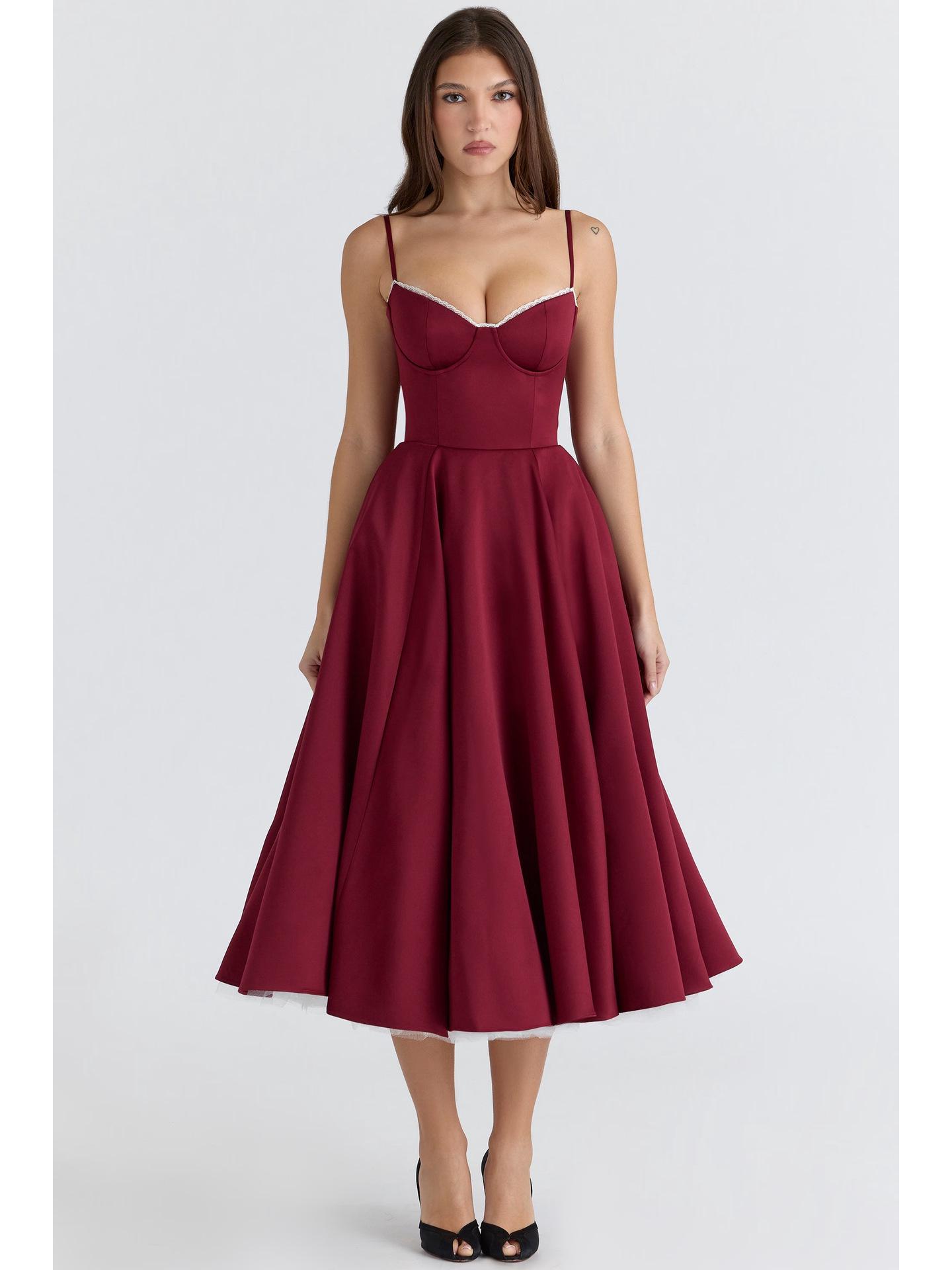 

2025 Атласное платье-русалка с V-образным вырезом на тонких бретельках и кружевом Medium бордовый