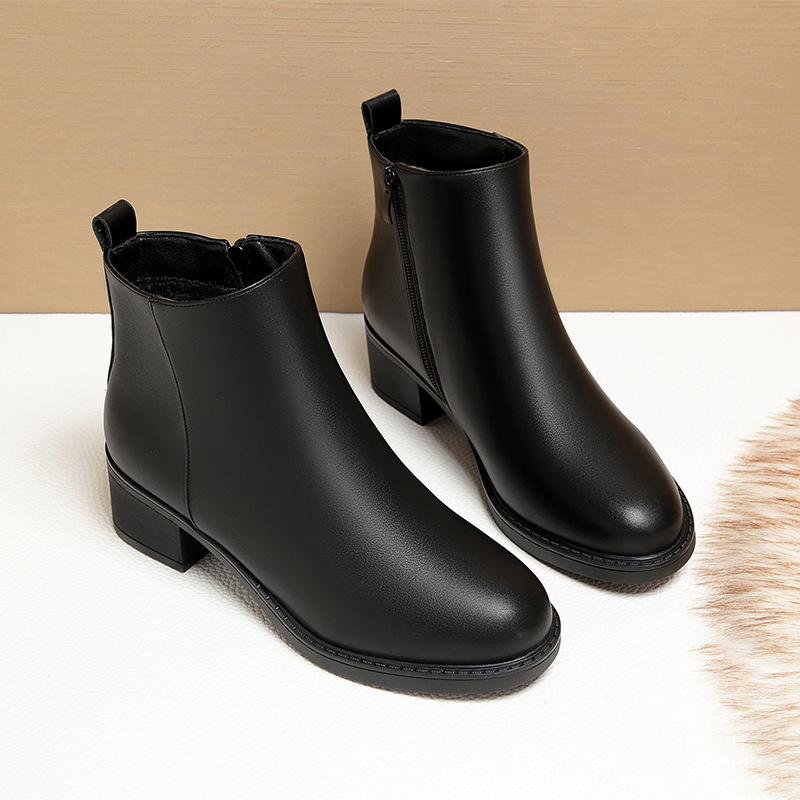 Winter Medium Heel Women's Short Boots Black Velvet Work Shoes Thick Heel, Martin Boots Professional Women's Shoes Soft Leather Cotton Shoes