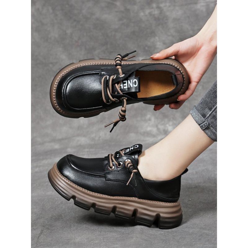Real soft leather loafers women's British style spring and autumn 2025 new thick-soled lace-up versatile soft-soled small leather shoes