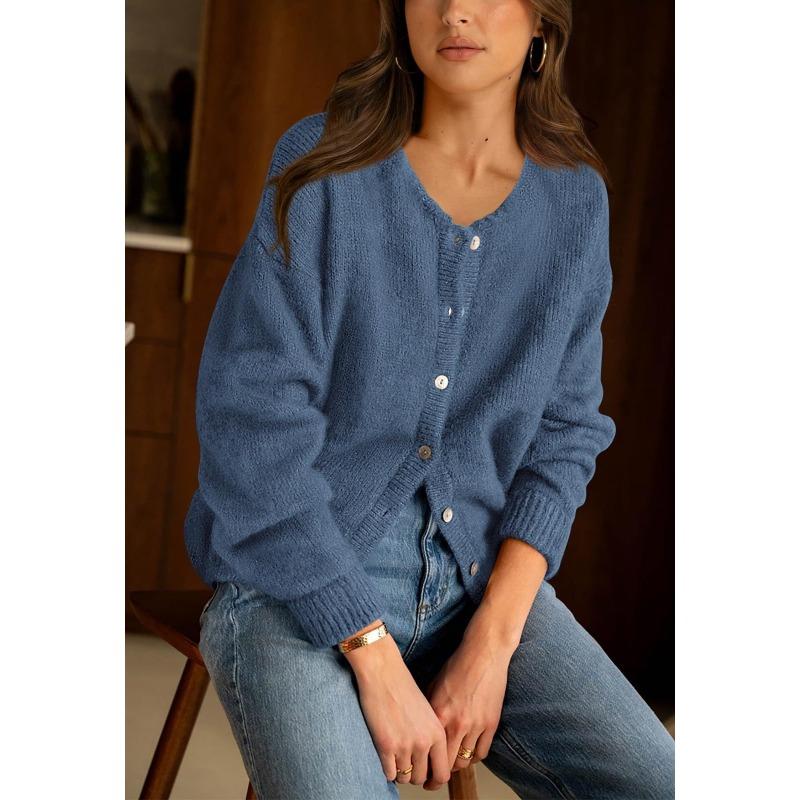 Women S Loose Solid Color Button Knit Cardigan Long Sleeve Sweater Coat