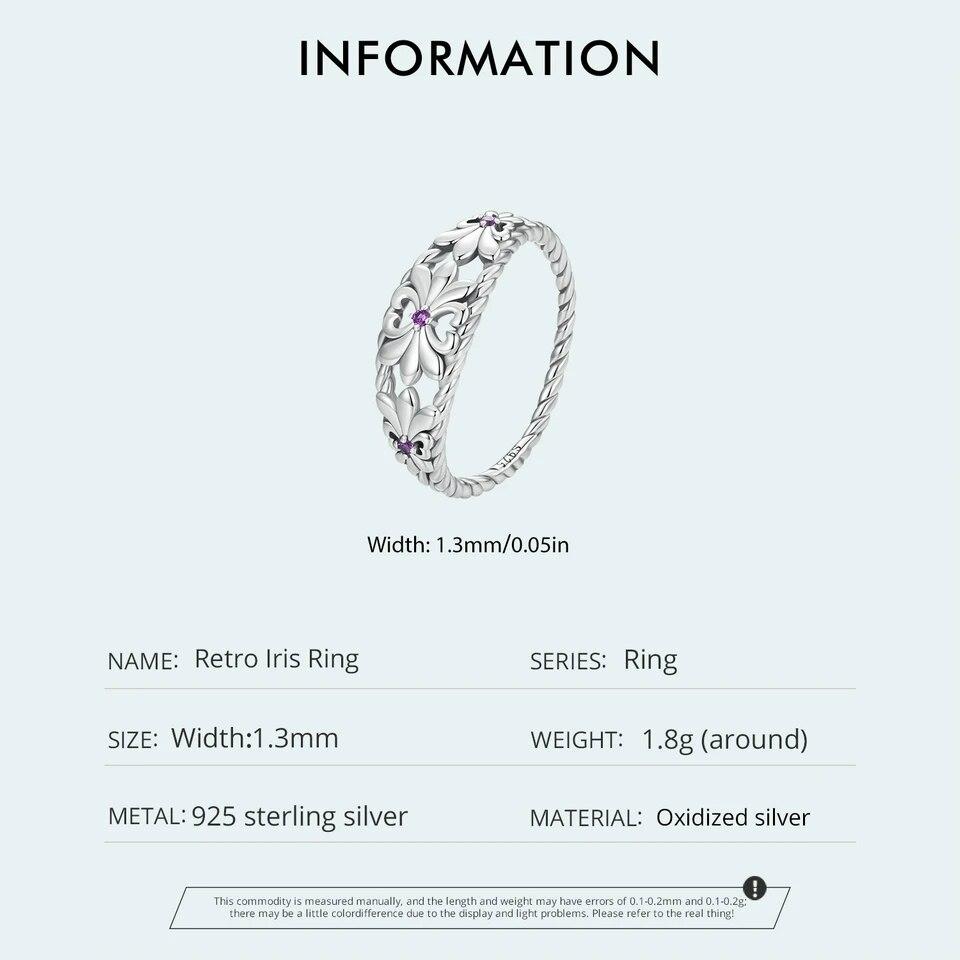 BAMOER 925 Sterling Silver Retro Iris Ring & Earrings Jewelry Set for Women Girls Fine Jewelry Birthday Gift