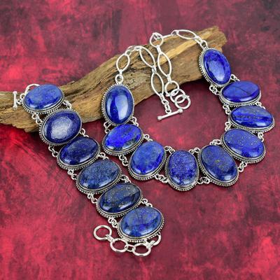 Lapis Lazuli Gemstone 925 Solid Sterling Silver Necklace & Bracelet Jewelry Set, Amazing Natural Handmade Jewelry Set For Wedding Gift