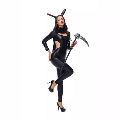 New Halloween Catwoman Black Leather Hollow One-piece Tights Party Costume