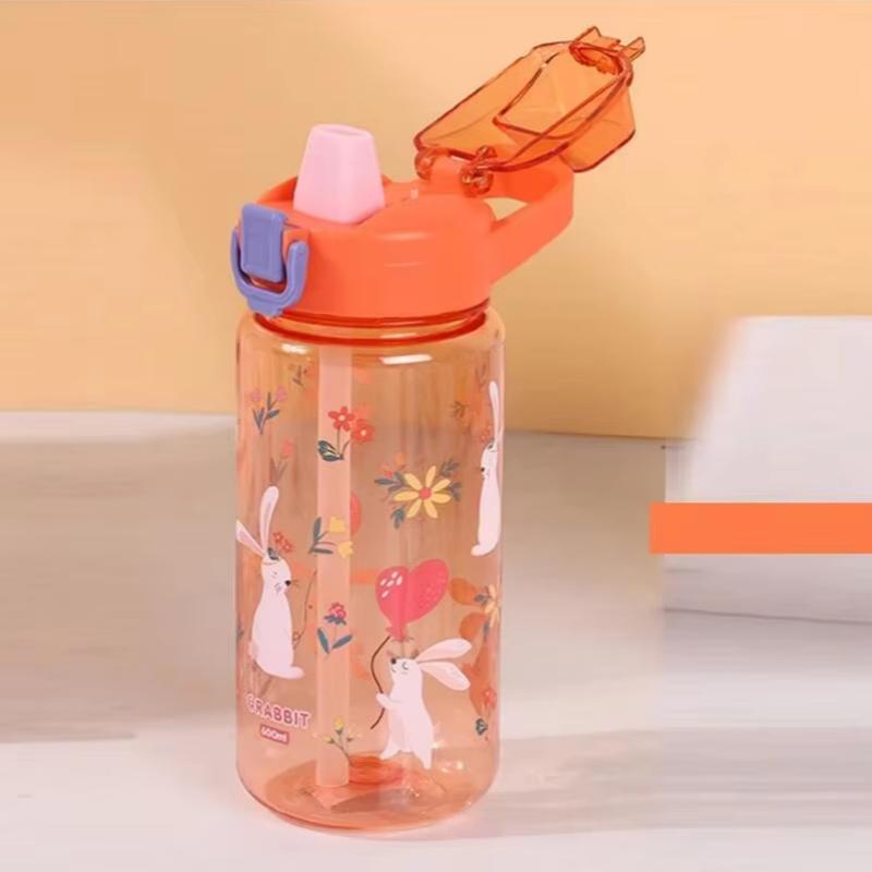 600ml Cute Water Bottle with Silicone Straw Leakproof Dinosaur Rabbit Design Portable Outdoor Sports Drinkware for School Travel