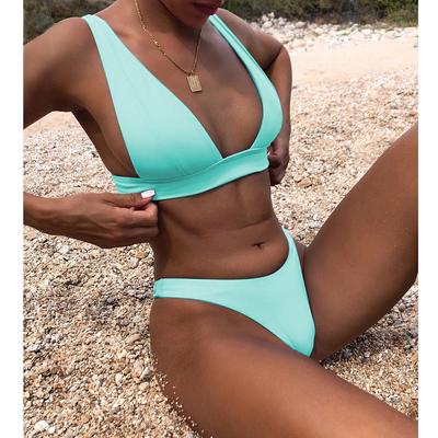 Dámske sexi jednofarebné bikiny hlboký V výstrih súprava bikín nové trojuholníkové plavky bez chrbta plážové oblečenie na dovolenku plavky