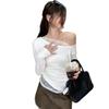 Korean Pure Desire 2025 Autumn New Product Splicing Lace Diagonal Collar Off-shoulder Slim-fitting Long-sleeved Top