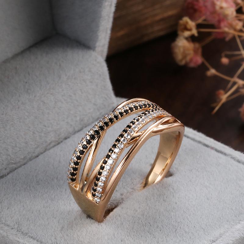 New  Rose Gold With Black Natural Zircon Ring Fashion Geometric Line Cross Rings For Women Vintage Wedding Jewelry