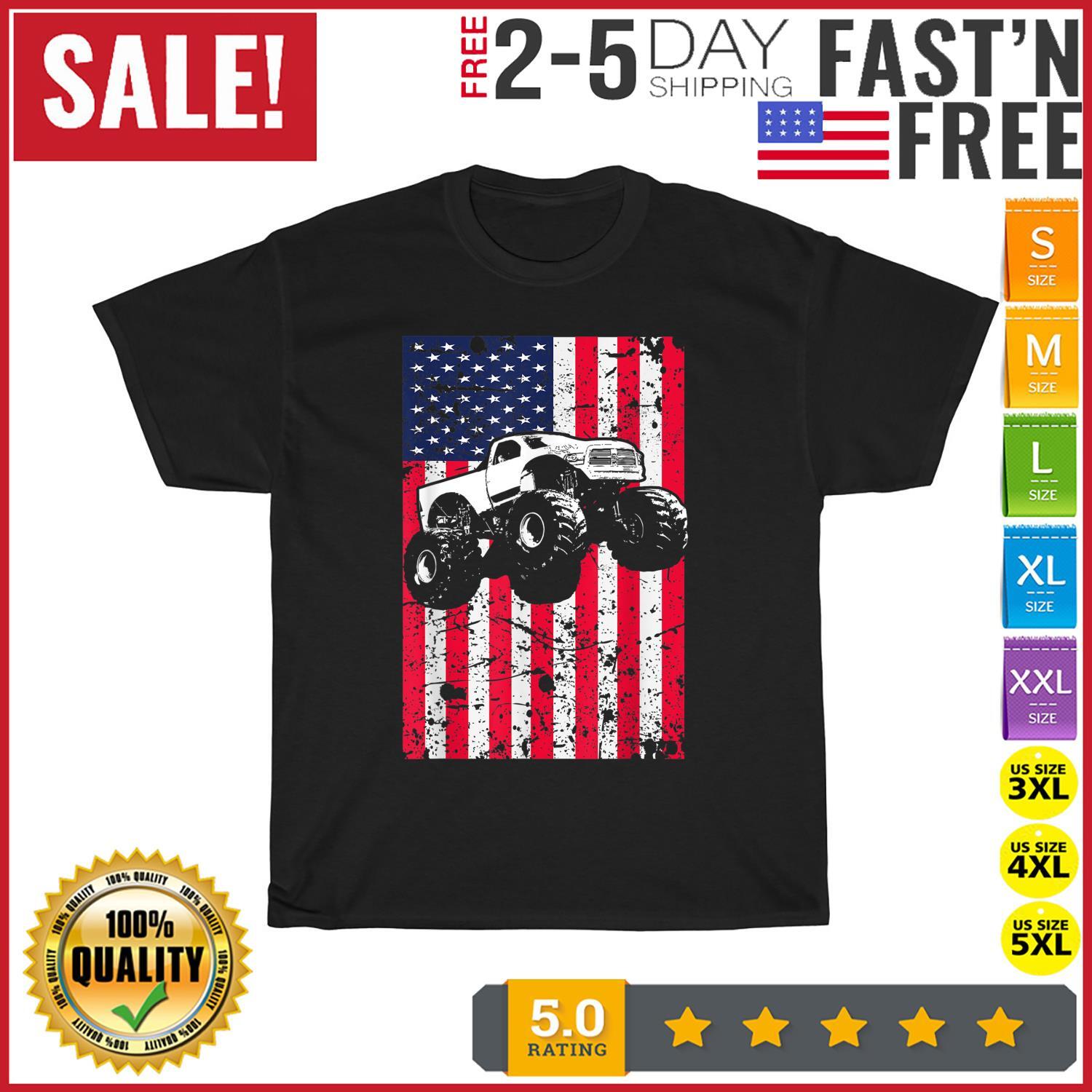 Monster Truck American Flag Racing USA Patriotic Vintage T Shirt Mens Womens Tees Top Men Women NEW S