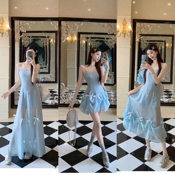 

French Sweetheart Bow Strap A-line Dress - Women s Summer Multi-style Short Blue Skirt Large