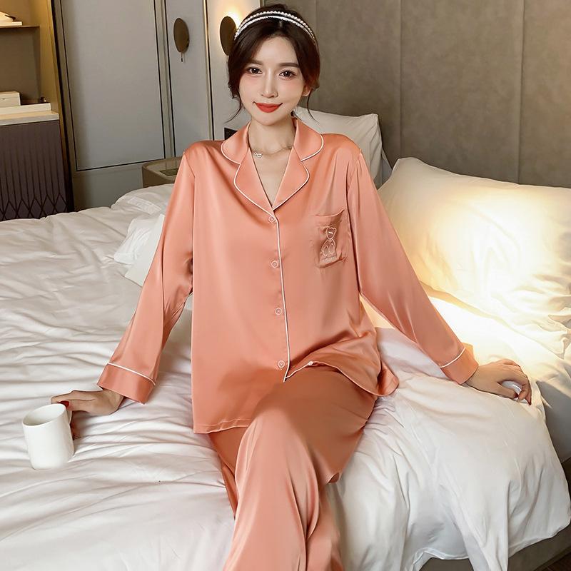 Autumn New Pajamas 2-piece Set Sexy Lapel Pajamas Casual Loose Home Wear Women's Intimate Underwear Satin Thin Pajamas
