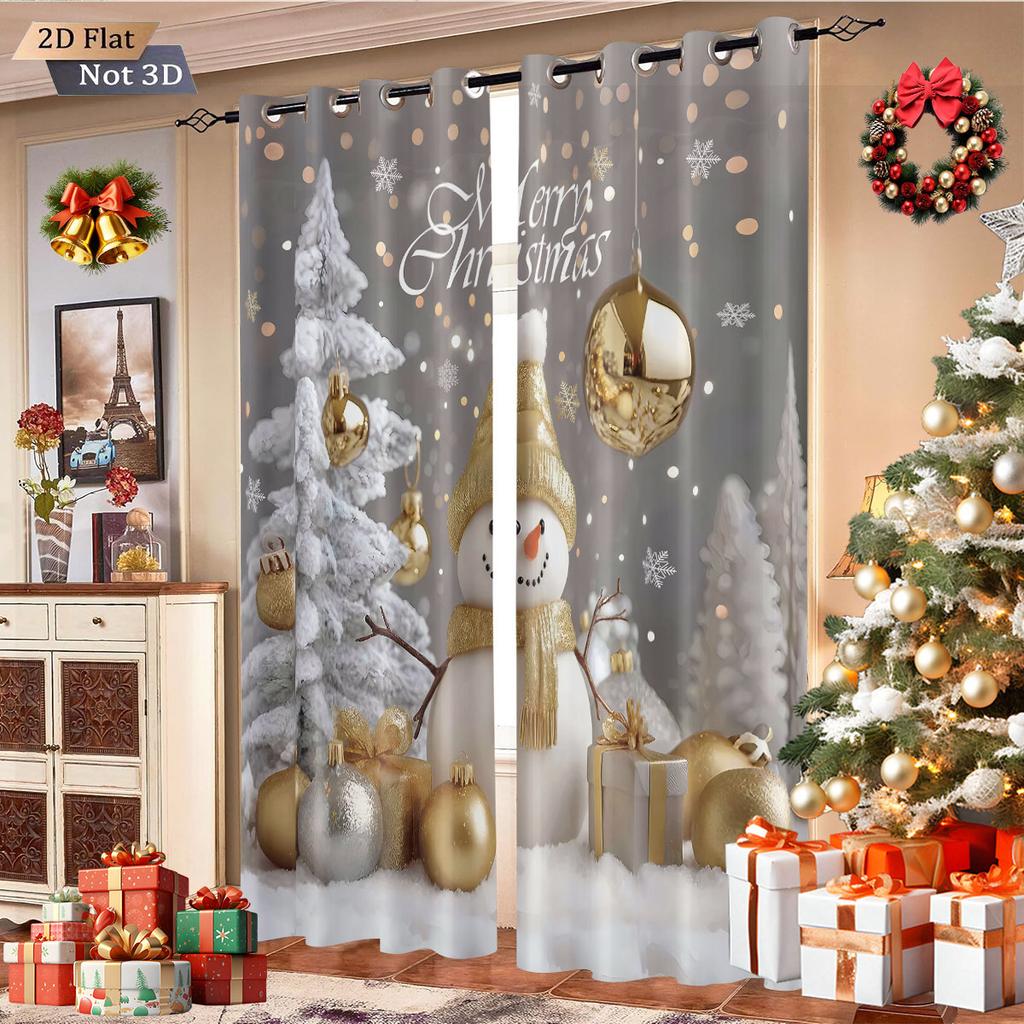 2pcs Christmas tree snowman white printed blackout curtains insulation multiple sizes living room decoration, machine washable