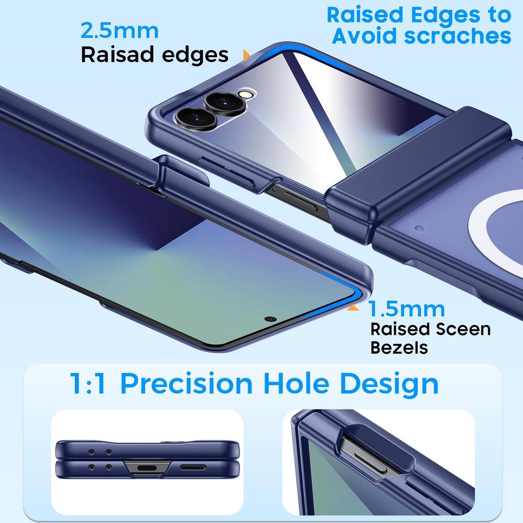 Magnetic Matte Protective Case with Tempered Glass Screen Protector and Hinge Protection for Samsung Galaxy Z Flip 7-Blue