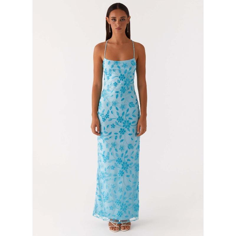 Personalized Sequined Embroidered Neck Skirt Women s Summer New Sexy Backless Hip Wrap Waist High Split Skirt S синий