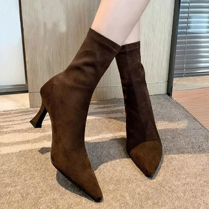 Vintage Women Ankle Boots Fashion Pointed Toe Shoes Spring Autumn High Heel Ladies Elegant Dress Stretch Slim Short Booties