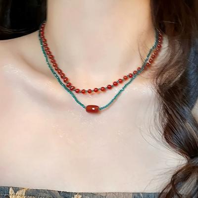 Retro Exquisite Red Blue Contrast Colorful Beaded Necklace For Women Girls Light Luxury Bracelet Jewelry Accessories Gifts