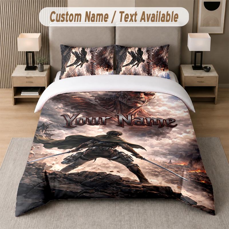 Attack On Titan 3Pcs Bedding Set, Personalized Custom Name Text, 1 Duvet Cover & 2 Pillowcases For Bedroom