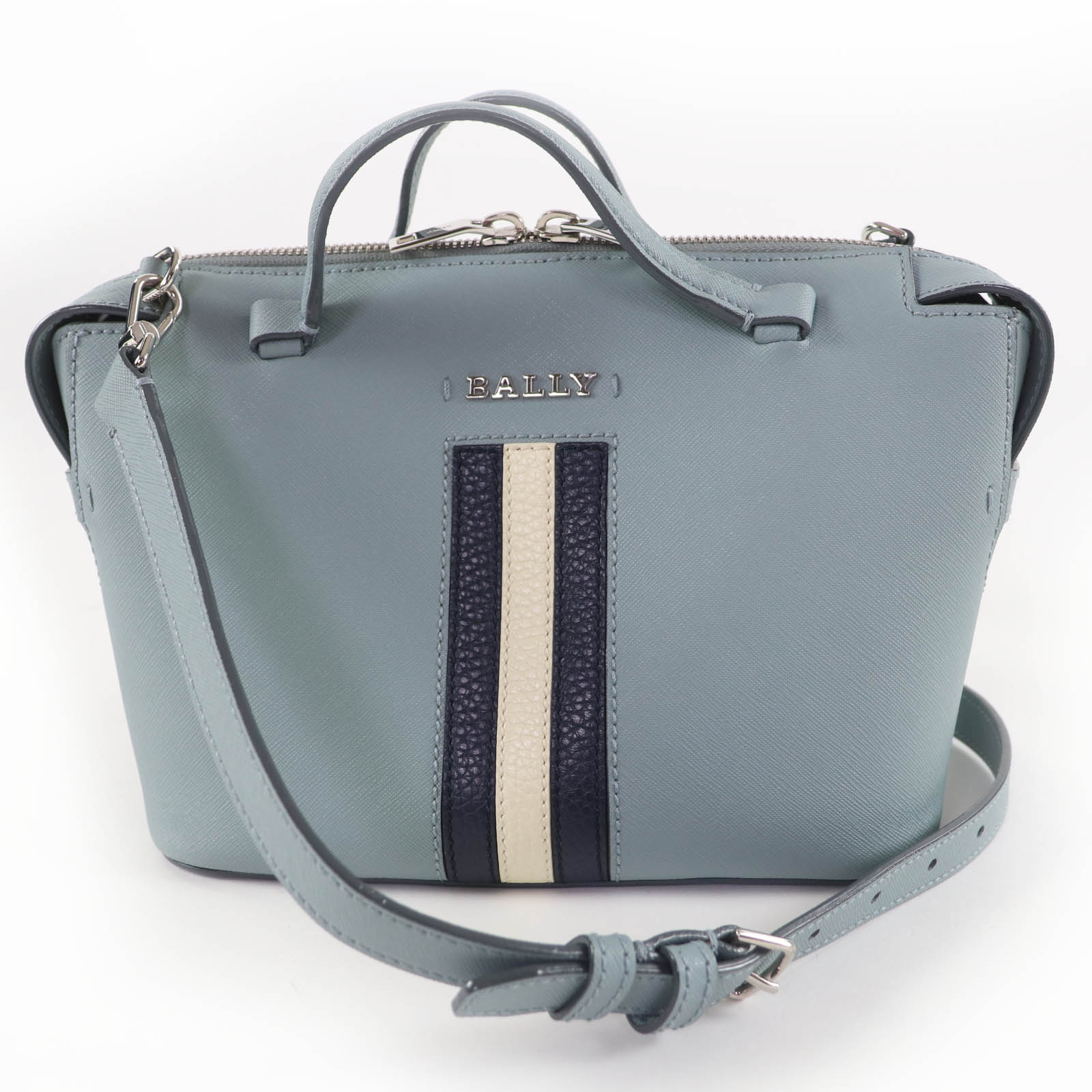 Excellent BALLY Shoulder Bag SUPRA BOWLING Logo Metal Leather 2-way Handbag Blue Used