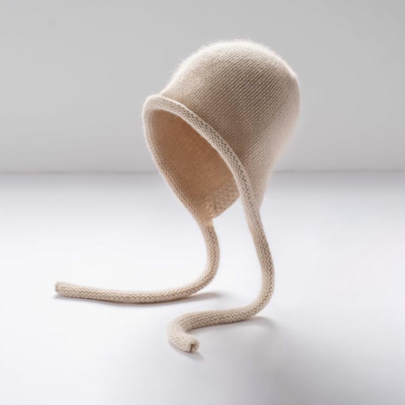Women's 100% Cashmere Thick Ear-Protective Cap Solid Color Knitted Warmth Winter Pullover Wool Laced Rolled-Up Sling Hats