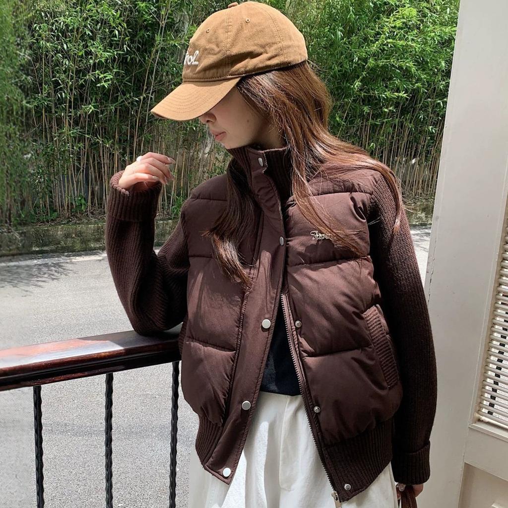 College style design splicing knitted cotton clothes women's winter stand-up collar small fragrant style foreign style age-reducing cotton-padded clot