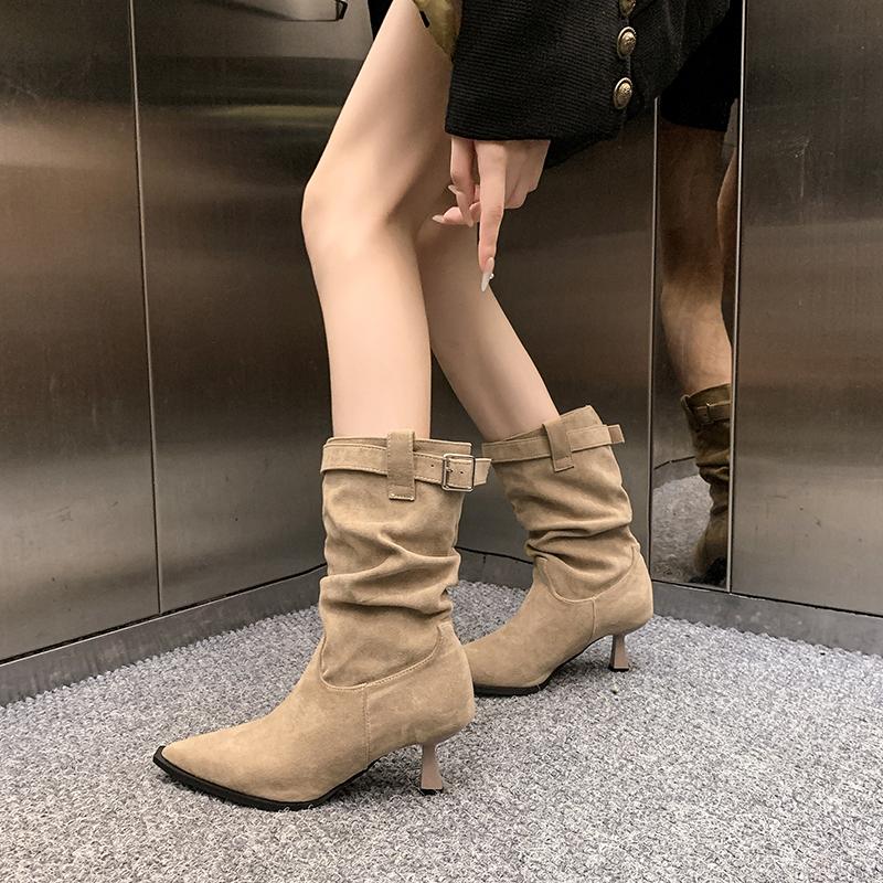Retro Suede Pointed High-heeled Pleated Pile Boots Women Sexy Style Temperament Belt Buckle Slimming Mid Length Boots for Women