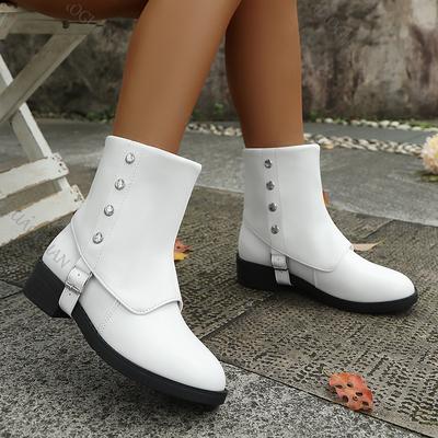 Spring Autumn Medium Heel Round Head Short Boots for Women Fashion Solid Color Metal Buckle Women Shoes Roman Style Slip On Bota