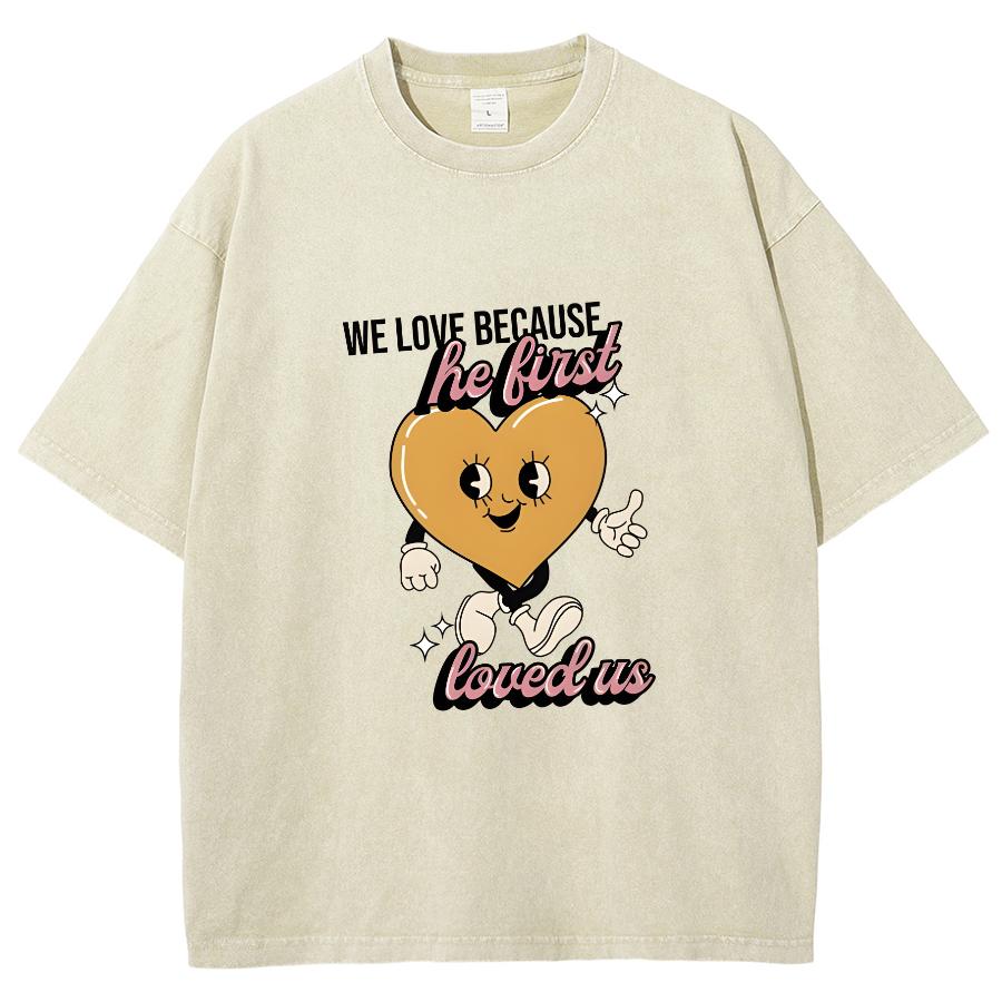 Yellow Cartoon Love Print Women's Washed T-Shirt Oversized Breathable Unisex Half Sleeve Cute Design Sense Top