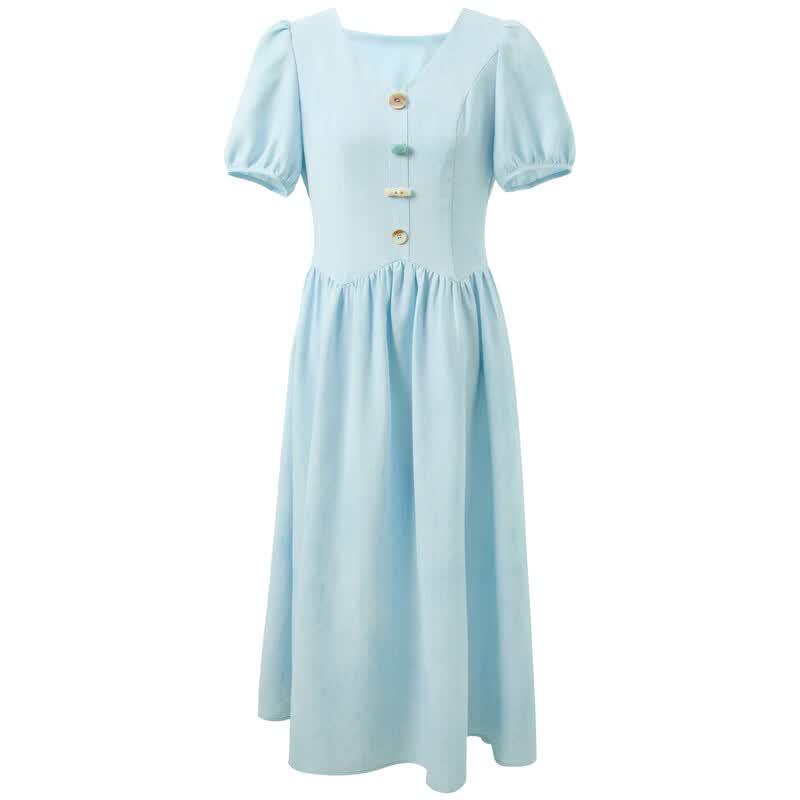 Sancai V-Neck Puff Sleeve A-Line Midi Dress