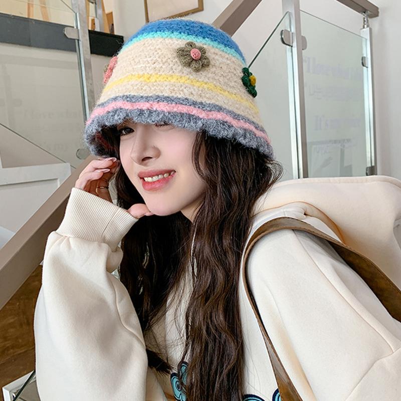 Knitted Basin Hat Autumn Winter Wool Hat Women's Colorful Flower Fisherman Hat