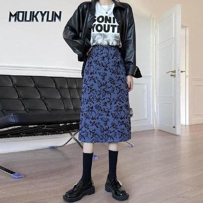 Floral Split Skirts Female Spring Summer Casual Mid-length Skirt Women Vintage High Waist Irregular A-line Skirt Faldas