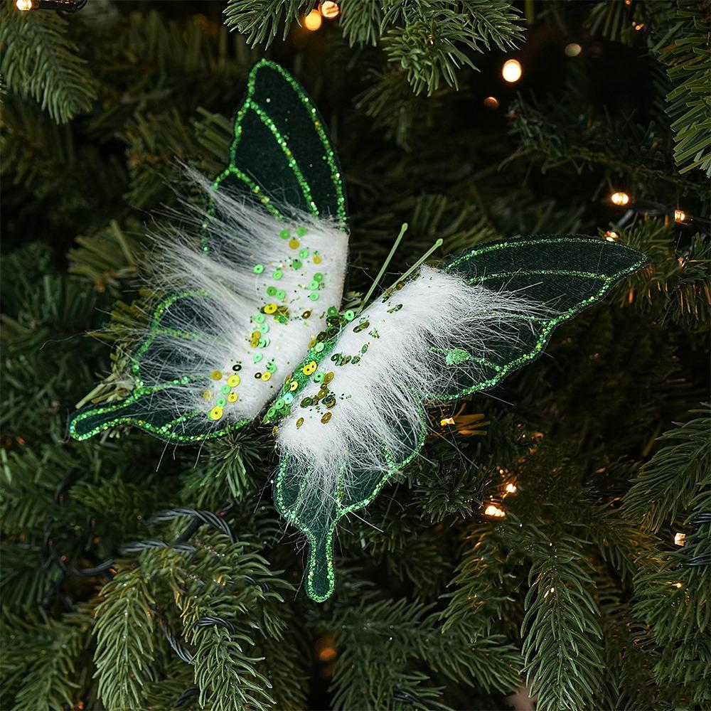 Clip-On Christmas Butterfly Ornaments Flocking Finish Xmas Butterfly Clip Decor  Holiday Party