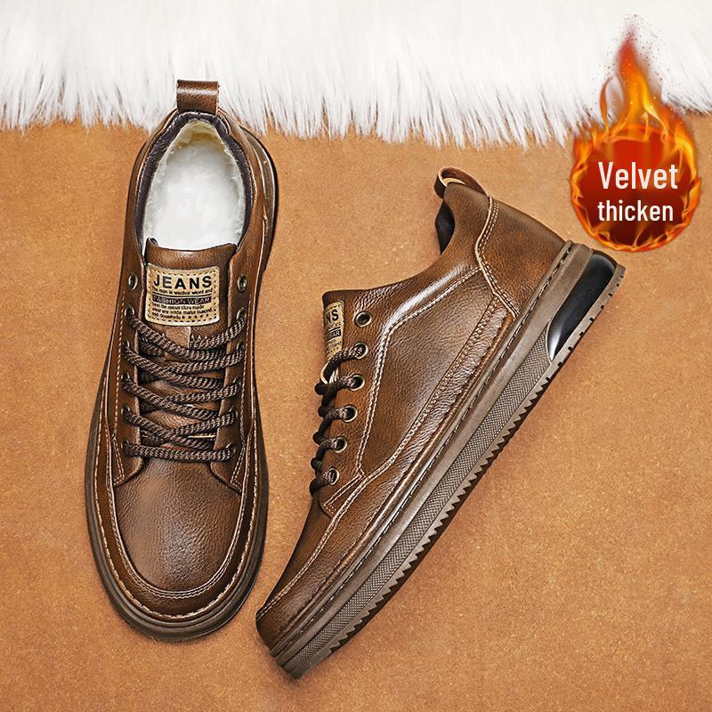 Men s Height-Boosting Casual Leather Low-Top Shoes with Thick Sole and Velvet Lining US 10.5