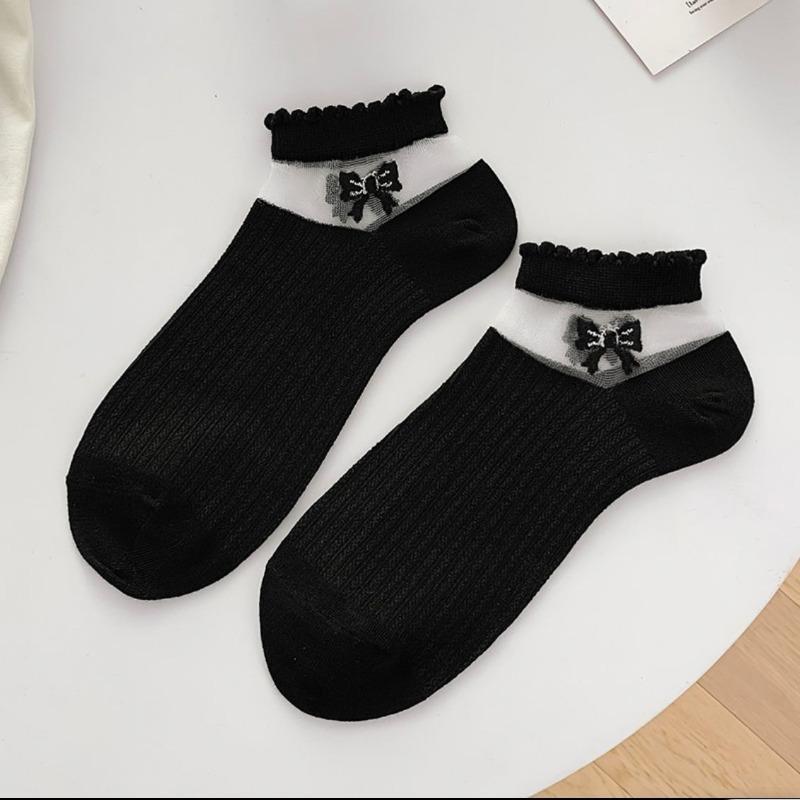 Women's Short Socks for Spring and Summer, Thin Lace Stockings, Sweat-absorbing, Trendy Black Short Boat Socks, Versatile