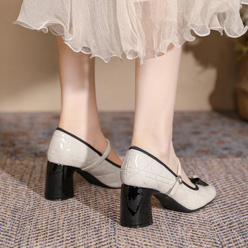 Pantofi Mary Jane cu toc înalt Design de nișă Pantofi de damă Fundă în formă de diamant Pantofi cu toc înalt Pantofi cu vârf rotund Pantofi cu toc gros