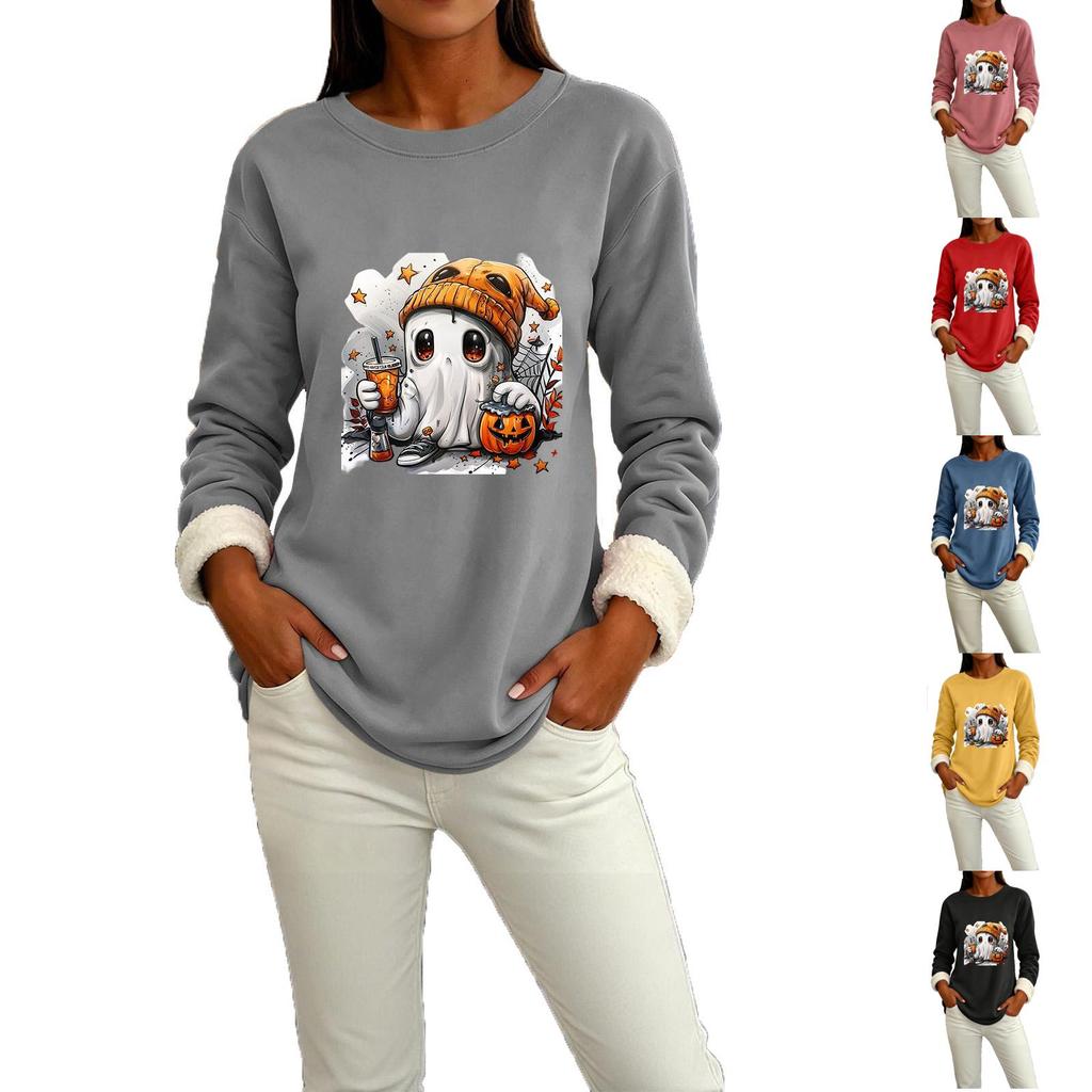 Women's Lined Long Sleeve Neck Halloween Print Top