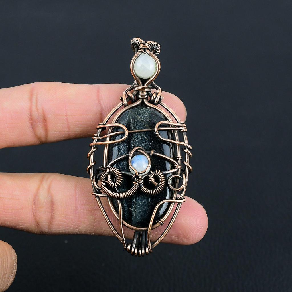 Blue Tiger Eye & Moonstone Gemstone Handmade Pure Copper Wire Wrap Jewelry Pendant