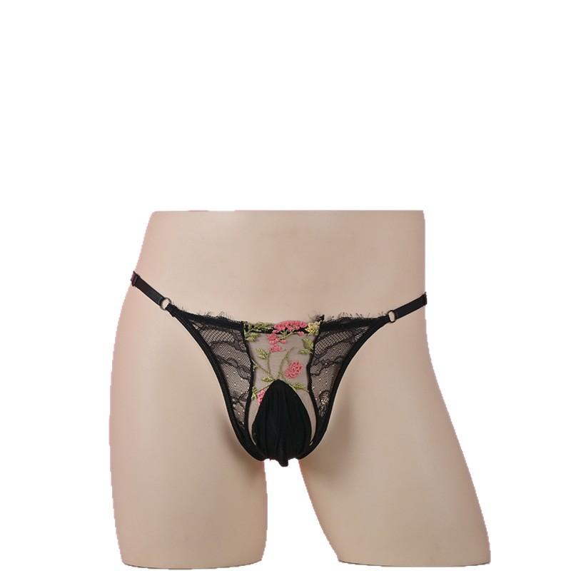 Men Low Rise T-Back Briefs Adjustable Belt Lace Glossy Silky Pouch Underwear Embroidery Ultra-Thin Underpants Thong G-String