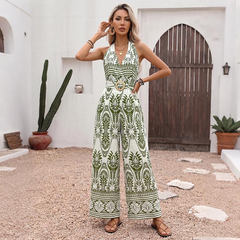 Summer One-piece Printed One-piece Swimsuit Sleeveless Necktie Beach Style One-piece Women's Dress