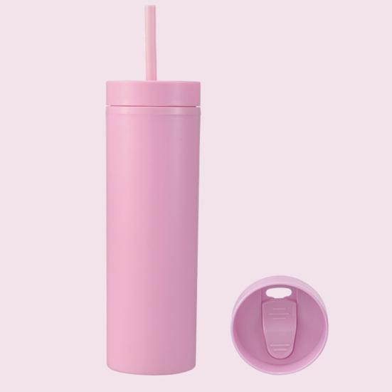 1 Set 450ml Colored Plastic Tumbler Anti-dropping Straw Double Layer Juice Coffee Straw Cup for Home