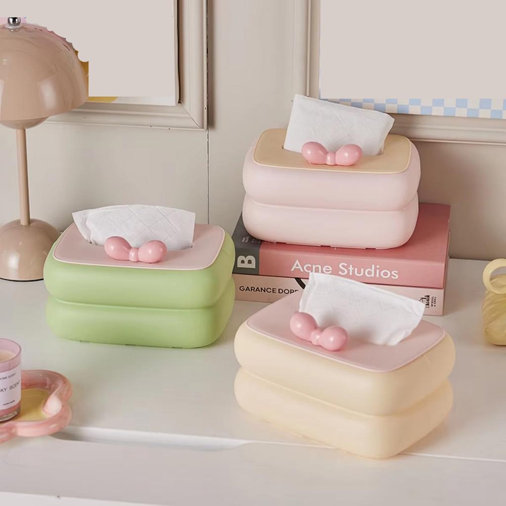 Kawaii Desktop Tissue Box Dopamine Bow Desktop Tissue Box For Living Room Dining Table Bathroom Bedroom Home Storage Accessories