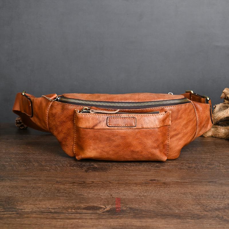 Vintage Chaozhou Hand-Colored Leather Fanny Pack: Retro Genuine Leather Chest Bag with Multi-Pocket Phone Holder