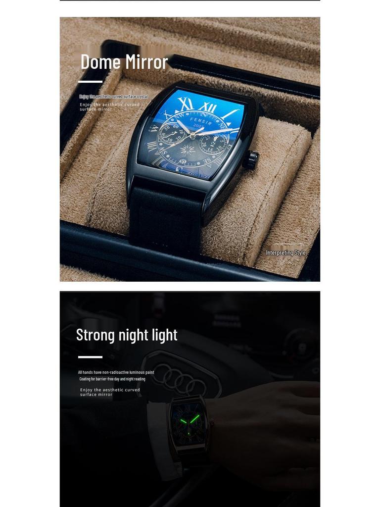 Finish Big Barrel Men's Watch: European & American Style, Leather Strap, Waterproof, Calendar, Casual Office Wear.