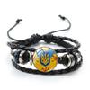 Ukrainian Flag Glass Charm Bracelet Blue Yellow Trident Graphic Vintage Handmade Woven Leather Beaded Bracelet