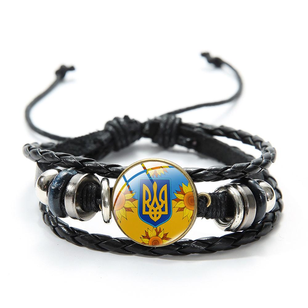 Ukrainian Flag Glass Charm Bracelet Blue Yellow Trident Graphic Vintage Handmade Woven Leather Beaded Bracelet