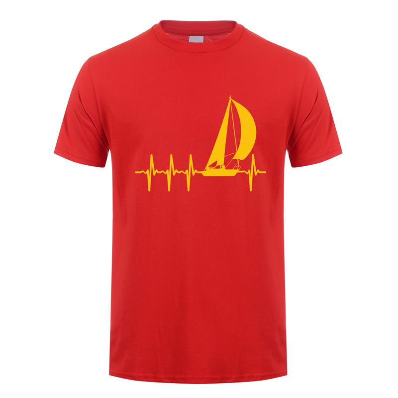 Cool Heartbeat Sailing T Shirt Men Short Sleeve Cotton Boat Sail T-shirts Man Tops Tee  Gift JL-042