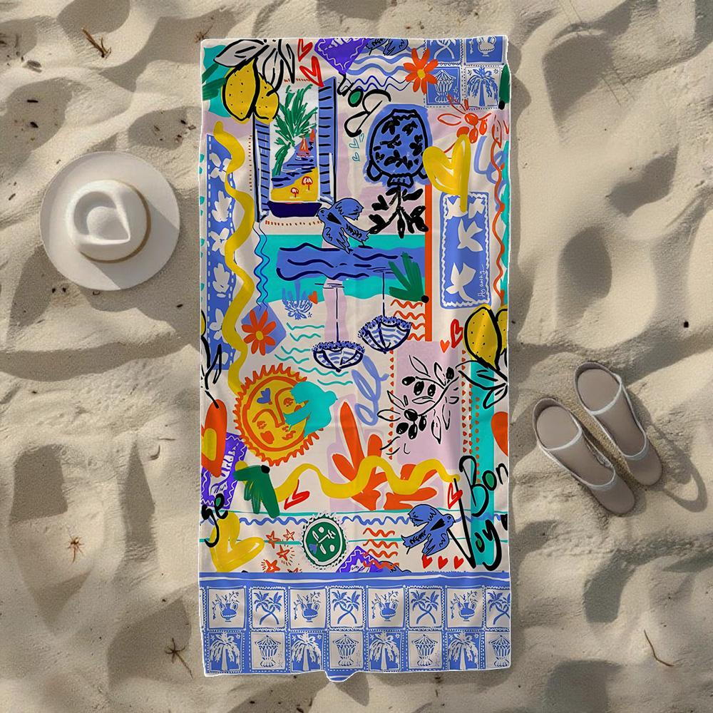 Surfboard & Beach Cocktail & Abstract Tropical Beach Towel,Soft Durable Quick-Drying, Ideal For Summer Beach, Swimming & Camping