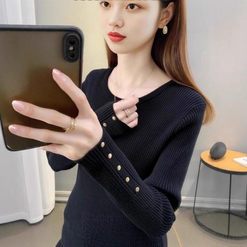 Knitted Bottoming Shirt Women's New Slim-fitting and Thin Solid Color Round Neck Pullover Top