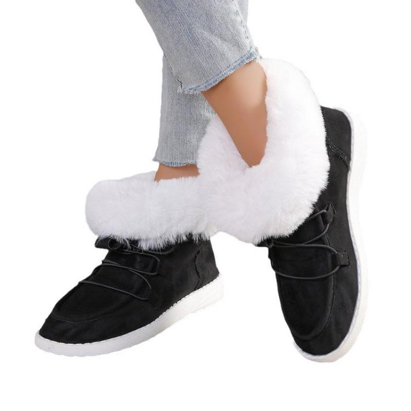 Large size cotton shoes women's autumn and winter new round head lace-up short boots plush warm fluffy women's shoes