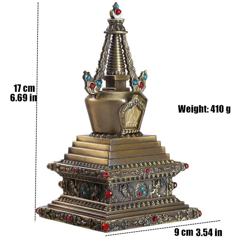 Bronze Tibetan Stupa Tantric Engraved Buddhist Statue Pearl Inlaid Gemstone Alloy Handicraft Altars Indoor Desktop Decorative
